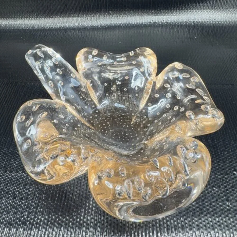 Murano Art Glass Controlled Bubbles Light Pink Leaf Clover Heavy Dish Bowl VTG‎